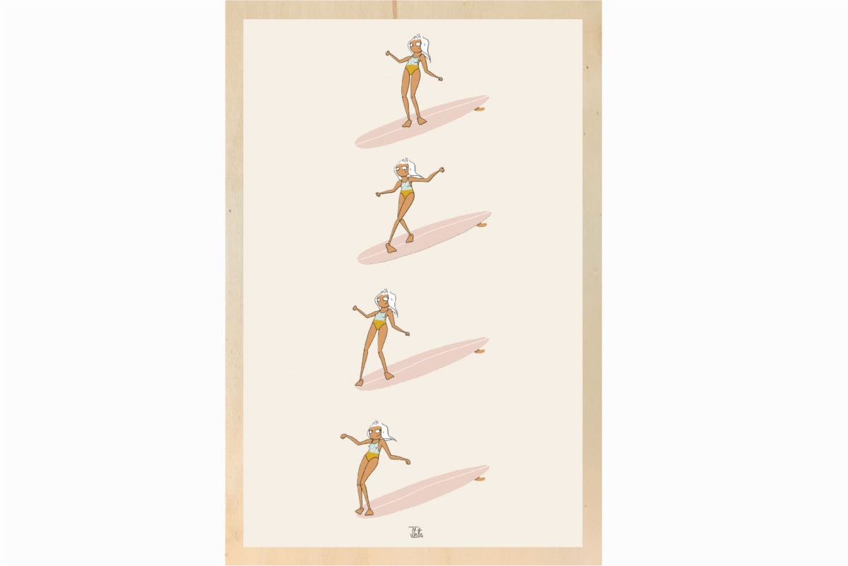 impression affiche écoresponsable sur bois Les Petits Aviateurs Juliette illustration surf
